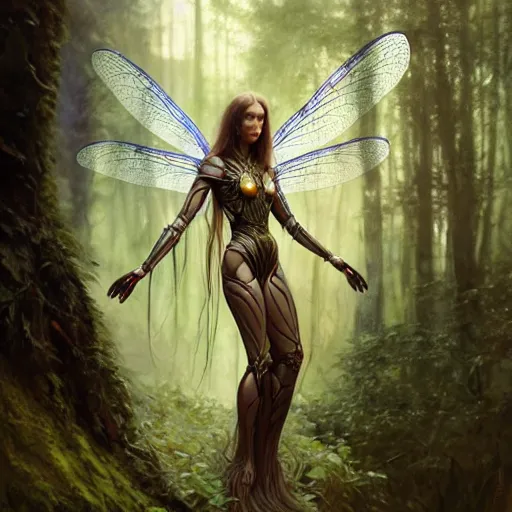 Image similar to photo of a humanoid dragonfly hybrid were a heroic dress an armour with dragonfly wings in the forest, long hair, highly detailed, digital painting, artstation, smooth, sharp focus, illustration, art by artgerm and greg rutkowski and alphonse mucha