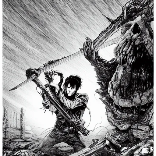 Prompt: evil dead manga, dramatic lighting, cinematic, establishing shot, extremely high detail, photo realistic, cinematic lighting, pen and ink, intricate line drawings, by yoshitaka amano, ruan jia, kentaro miura, artgerm, post processed, concept art, artstation, matte painting, style by eddie mendoza, raphael lacoste, alex ross