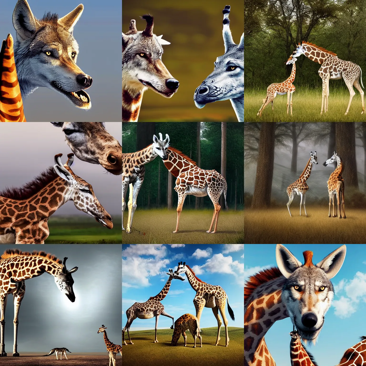 Prompt: a wolf!!!!!!! and a giraffe looking at each other, Realistic, Refined, Highly Detailed, outdoor fine art photography, volumetric lighting, hyper realistic photography