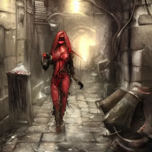 Image similar to dungeon and dragons rogue with covered face in an alley, hyper realistic, torn clothes, dirty, sweat, detailed face, red eyes, men in fantasy art