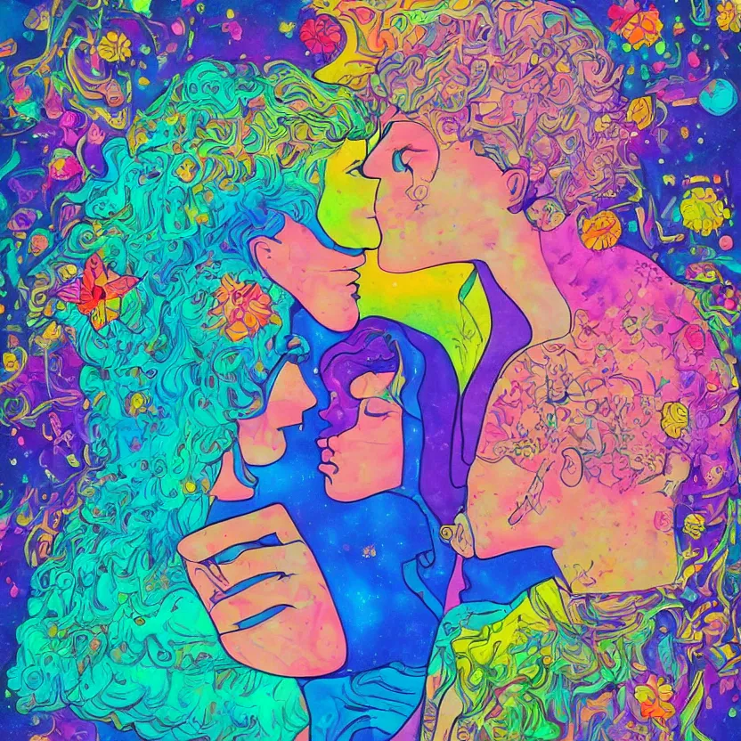 Prompt: a mixed media painting of a boy and a stunning girl kissing in a cloud of love. atoms, gothic harts, flowers, spaceships, with a cigarette in its mouth, poster art by lisa frank, behance contest winner, psychedelic art, psychedelic, high detailed, groovy