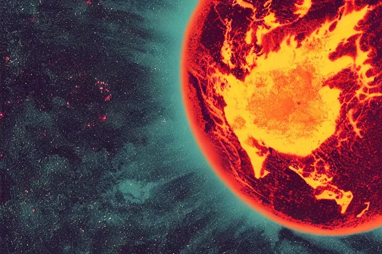 Prompt: flames surrounding planet earth in space,linocut, moody, colorful,Karolis Strautniekas, Mads Berg, stippled light, dramatic lighting,editorial illustration, detailed,fine texture, matte print,dynamic composition,risograph, lomography