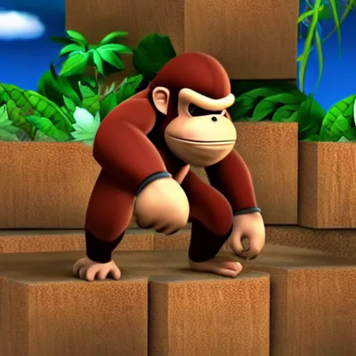 Image similar to Donkey Kong smashing down weed into large silver bags with a wooden mallet