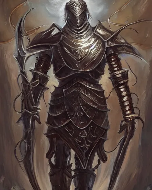 Prompt: beautiful painting of a tall, strong fantasy knight, wearing plate armor, lovecraftian eldritch horror