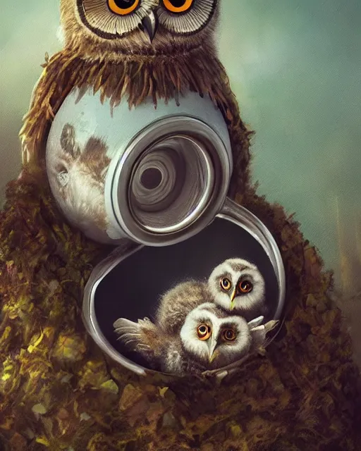 Image similar to long shot of a very cute owl chick nesting in a very futuristic cup, esao andrews, humorous illustration, hyperrealistic, big depth of field, warm colors, night scenery, low light, 3 d octane render, 4 k, conceptart, hyperdetailed, hyperrealistic, trending on artstation