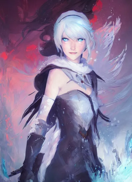 Prompt: portrait of weiss schnee from rwby. digital art by magali villeneuve, jeremy mann, and claude monet. vibrant color scheme, intricately detailed, in the style of romanticism. artstation, greg rutkowski