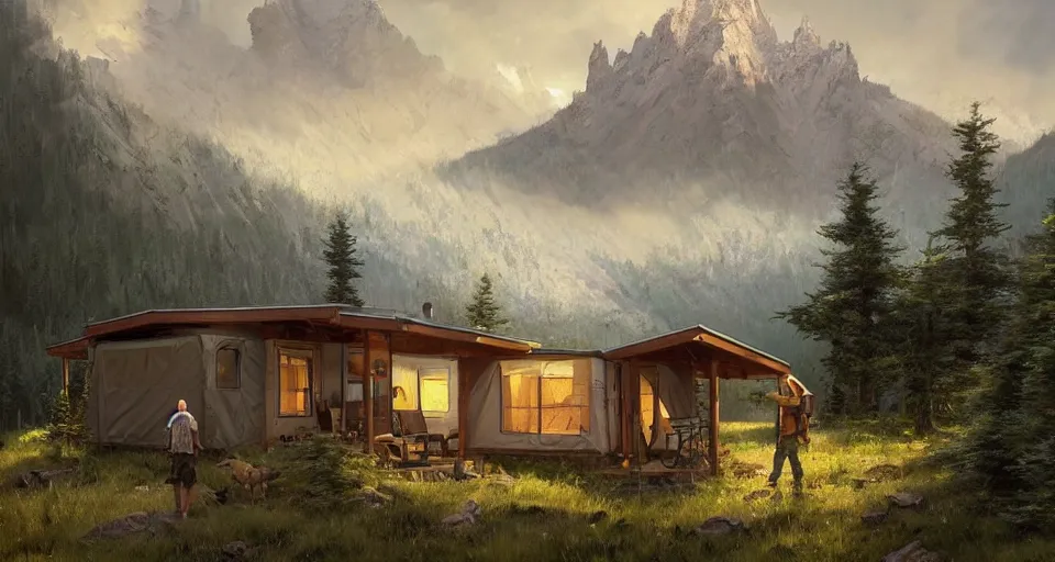 Image similar to cabela's beautiful comfortable modular insulated container home wall kit - house all weather family dwelling tent house, person in foreground, mountainous forested wilderness open fields, beautiful views, painterly concept art, environmental concept art, concept art illustration, by james gurney, by craig mullins, by greg rutkowski trending on artstation