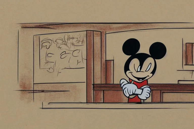 Image similar to detailed background courtroom sketch of vintage disney character mickey mouse presenting evidence of copyright infringement to the judge bench court room wooden serious dark tone vintage early cel animation