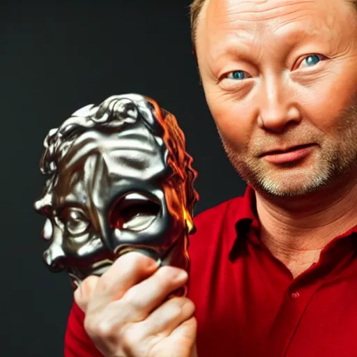 Prompt: limmy holding bafta award, realistic, wide shot, dramatic lighting, hyper realistic, high quality, highly detailed, hd, beautiful, cinematic, 8 k, unreal engine, facial accuracy, symmetrical,