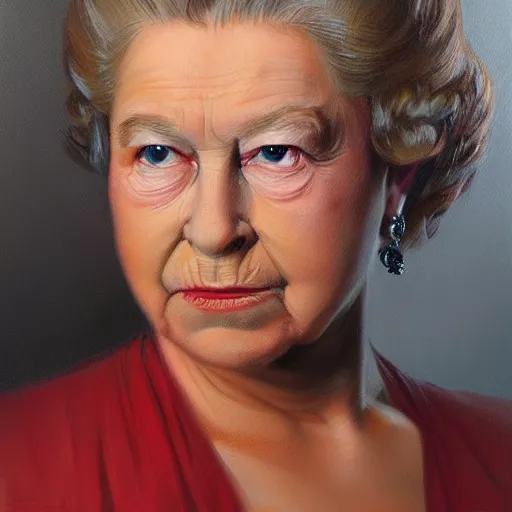 Image similar to ultra - realistic head and shoulders portrait painting of the queen. art by ken kelly. 4 k. ultra - realistic. highly detailed. epic lighting