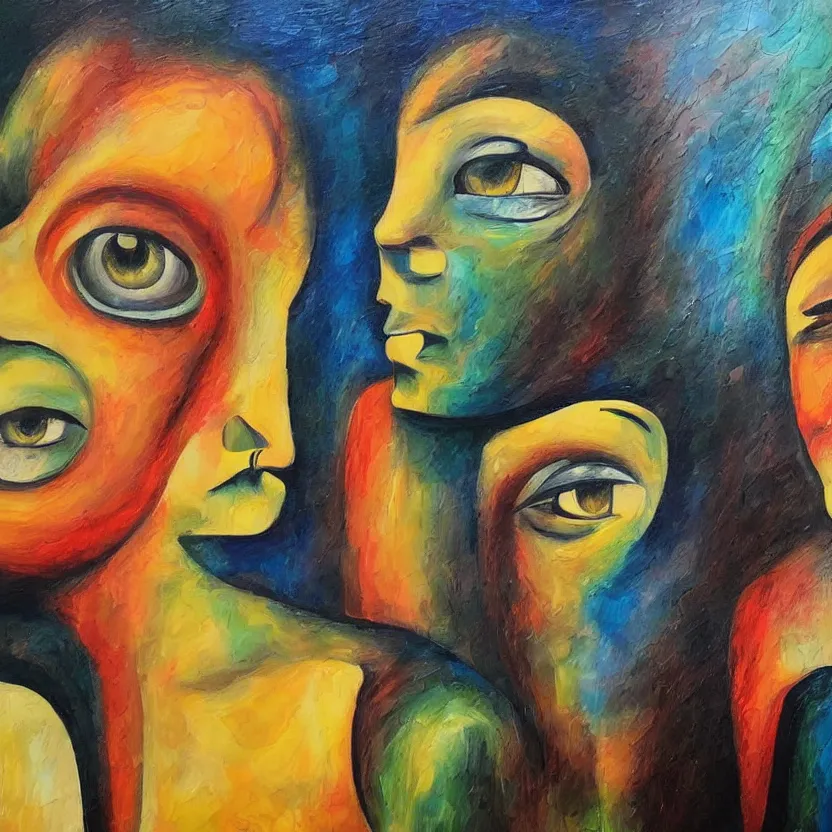 Image similar to highly strange recursive painting of wondering faces looking at each other detailed and highly reliefed oil painting with canvas texture in style of Magritte, Sascha Schneider, Giorgio de Chirico, Pollock photorealistic, surrealistic, masterpiece, balanced composition, natural colors