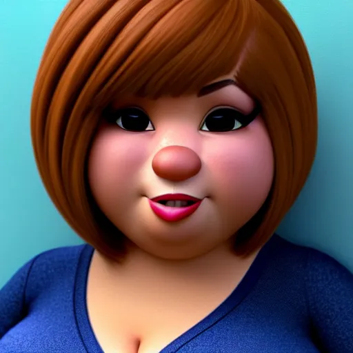 Prompt: A portrait of a full figured woman, a cute 3d cgi toon woman with brown hair in a Bob, brown eyes, full face, olive skin, romanian heritage, medium shot, mid-shot, hyperdetailed, 8k, trending on artstation, as a Pixar character