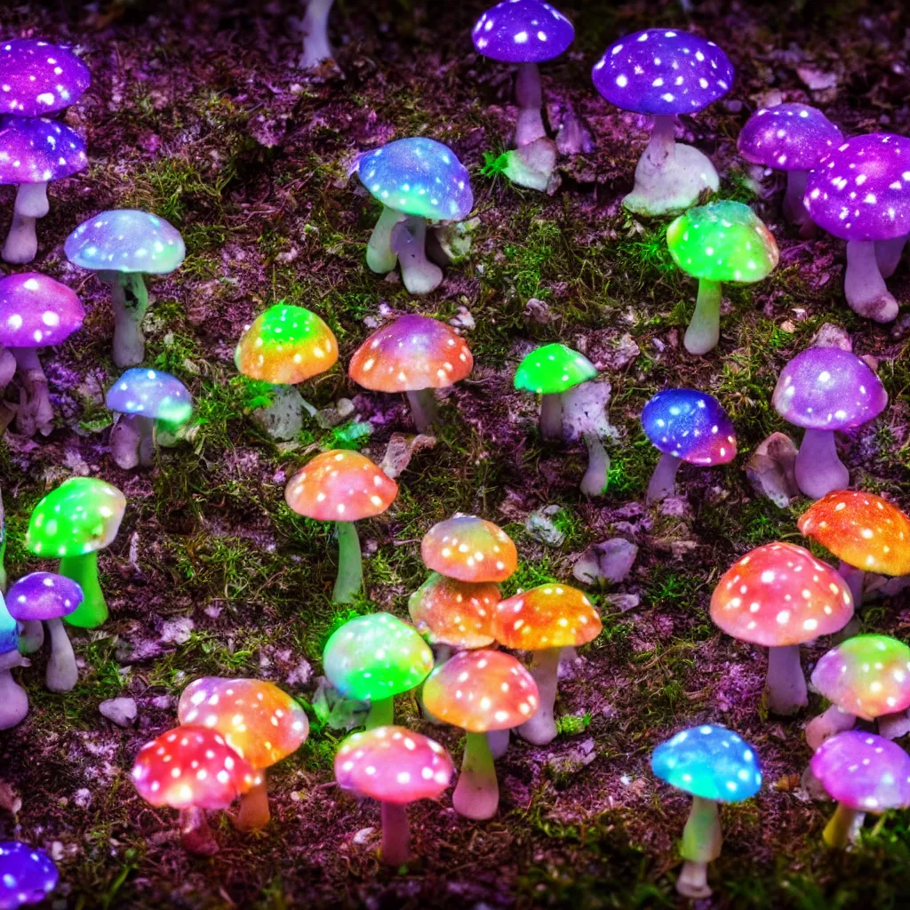 Prompt: a macro shot of bioluminescent mushrooms mushrooms, dof, 4k, bokeh, anime, acid pixie acid pixie, mystic hues, by makoto shinkai and thomas kinkade and lee madgwick