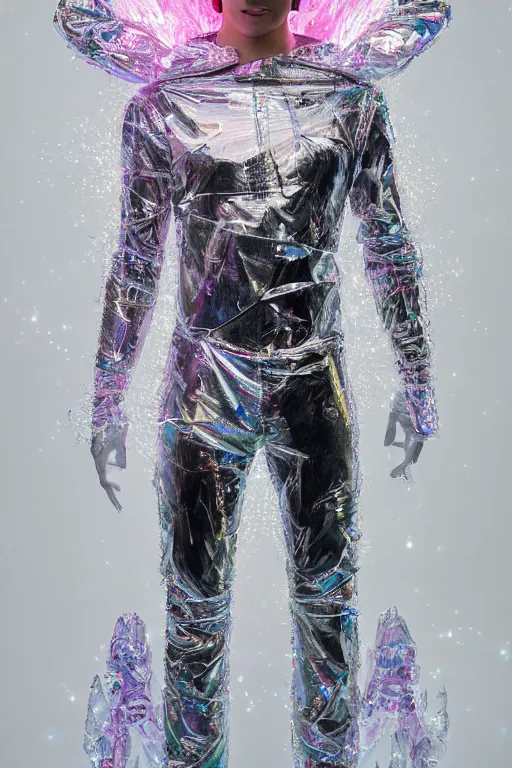 Prompt: full-body rococo and cyberpunk delicate crystalline sculpture of a muscular iridescent Joe Jonas as a humanoid deity wearing a thin see-through plastic hooded cloak sim roupa, posing like a superhero, glowing pink face, crown of white lasers, large diamonds, swirling black silk fabric. futuristic elements. oozing glowing liquid, full-length view. space robots. human skulls. throne made of bones, intricate artwork by caravaggio. Trending on artstation, octane render, cinematic lighting from the right, hyper realism, octane render, 8k, depth of field, 3D