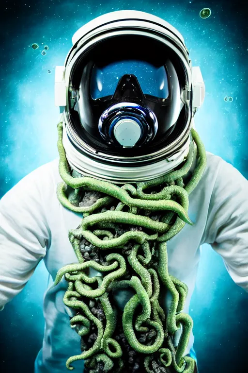 Prompt: extremely detailed studio portrait of space astronaut, alien tentacle protruding from eyes and mouth, slimy tentacle breaking through helmet visor, shattered visor, full body, soft light, disturbing, shocking realization, award winning photo by manny librodo