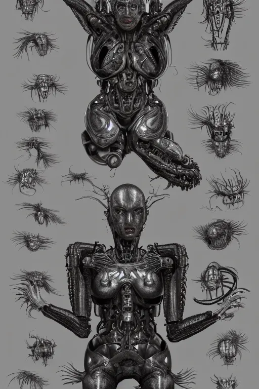 Prompt: cyborg medusa with gunmetal grey skin, medical anatomy, very symmetrical face, highly detailed, mecha, three - perspective / three - view reference sheet ( front / back / side ), in the style of dan ouellette, hr giger, sil from species, dren from splice, biomechanical, artstation, unreal engine