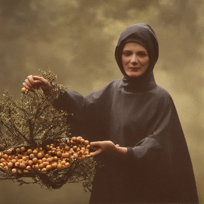 Prompt: a closeup portrait of a woman wearing a hood made of beads, picking apples from a tree, foggy, moody, photograph, by vincent desiderio, canon eos c 3 0 0, ƒ 1. 8, 3 5 mm, 8 k, medium - format print