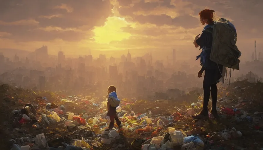 Image similar to poor detailed child with backpack looking for food at garbage dump, city is pure wasteland, sunset in background, greg rutkowski, alphonse mucha, trending on artstation, artgerm, breathtaking, award winning, highly detailed 4 k art