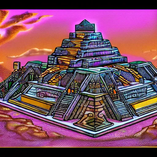 Prompt: ancient aztec structure, epic retrowave art, trending on art station