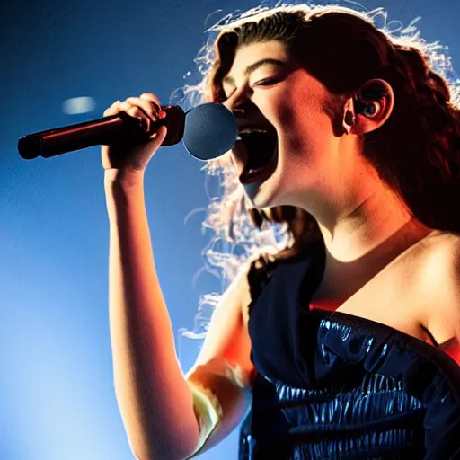 Image similar to lorde singing in a concert during a navy blue night