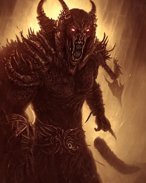 Image similar to Demon berserker, solo, one character, portrait, Path of Exile, Warhammrer, Diablo, Magic the Gathering, fantasy, gritty, cinematic lighting, centered, centered, symmetrical, symmetrical, highly detailed, digital painting, Artstation, concept art, sharp focus, 8k