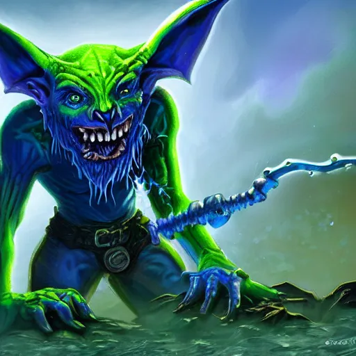 Image similar to a highly detailed goblin with blue skin and green eyes that glow, like magic the gathering, goblin chainwalker, with water in the background, digital art, by christopher rush