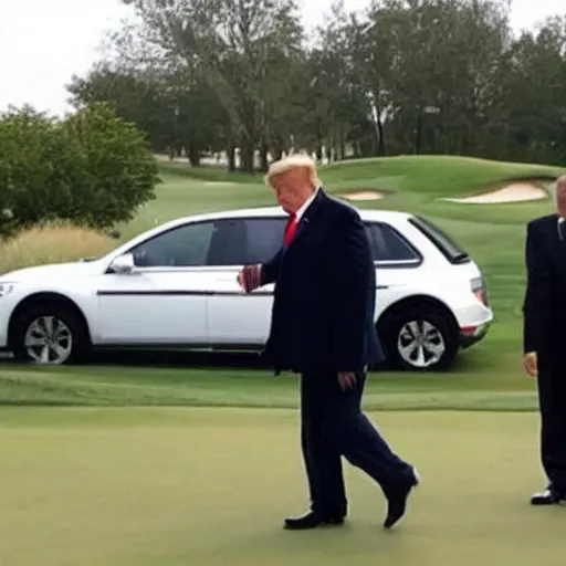 Image similar to photo of trump with handcuffs on his hands, being taken from his golf course to an fbi car