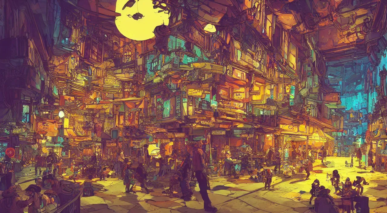 Image similar to bazaar zouk oriantal full color sky shine place mosquet painting stylized digital illustration video game icon global illumination ray tracing that looks like it is from borderlands and by feng zhu and loish and laurie greasley, victo ngai, andreas rocha, john harris