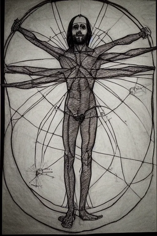 Image similar to jared leto vitruvian man, drawn by leonardo da vinci, sketch, notes