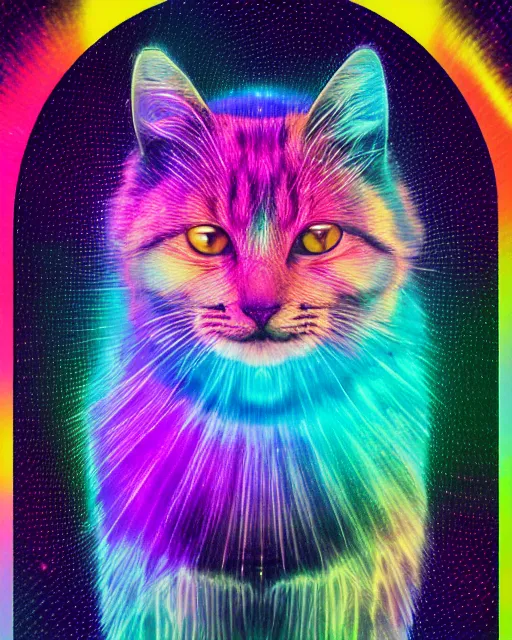 Image similar to highly detailed high resolution stacked plot of radio emissions from a pulsar, abstracted light refractions and stripy interference, making up a fluffy cat, silk screen t-shirt design in the style of FELIPE PANTONE 4K