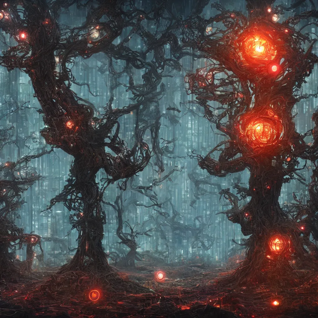 Image similar to yggdrasil growing in a dark forest where gears and electronic parts grow on the trees , cyberpunk landscape wallpaper, d&d art, fantasy, painted, 4k, high detail, sharp focus