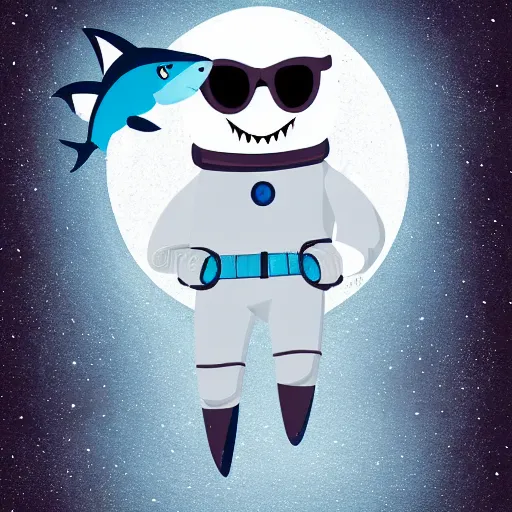 Prompt: cute shark in space suit walking in barren white desert at night, illustration