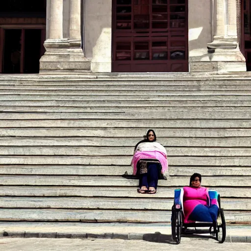 Image similar to an obese indian woman in a wheelchair on steps in Porto, detailed photo