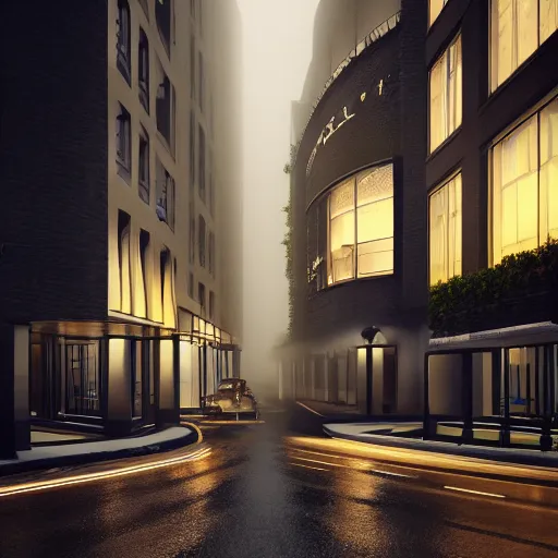 Image similar to modern high end designer restaurant at night in the foggy rain, streetscape, art deco office building above, highly detailed, warm lighting interior, matte painting, large windows, large statue with wings, dramatic lighting, unreal engine, artstation, pastels