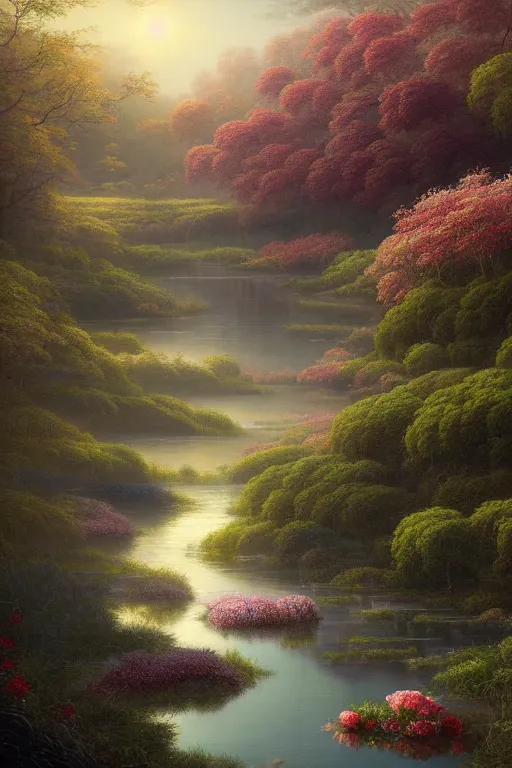 Image similar to a beautiful digital illustration painting river among the flowers by benoit b. mandelbrot, steven belledin, martin johnson heade, lee madgwick, caspar david friedrich, and david rios ferreira. 8 k resolution trending on artstation concept art digital illustration