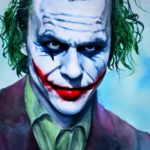 Image similar to heath ledger as the joker underwater, watercolor painting, hyper realistic, 4 k, artstation, smooth