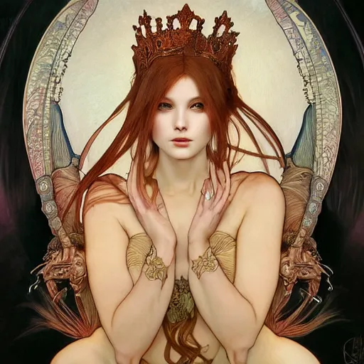 Image similar to 3/4 body portrait of the firedragon queen by artgerm and H R Giger and alphonse mucha, HD, full body dragon concept, flying dragon, Human body with dragon features, beautiful queen, perfect face, perfect body, 10/10 would dream again, fantasy, intricate, elegant, highly detailed, digital painting, artstation, concept art, smooth, sharp focus, illustration, ray tracing, 4k realistic 3d rendered portrait, soft shading, soft colors, relaxed colors, hyperdetailed, wide angle lens, fantasy, futuristic horror, armor style of giger