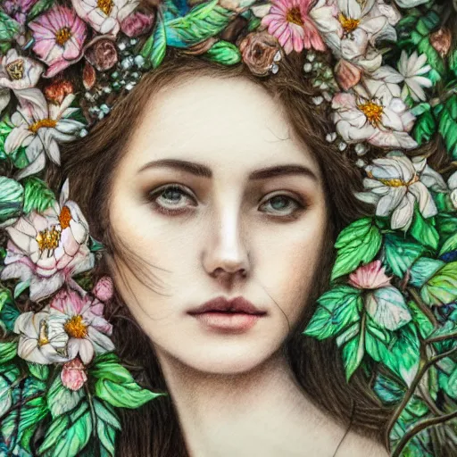 Image similar to a detailed pencil drawing of a beautiful woman clothed in flowers and leaves standing in an enchanted forest, high fantasy, elegant, epic, detailed, intricate, watercolor, concept art, realistic detailed face, smooth, focus, rim light, detailed 8 5 mm f / 1. 4, anamorphic lens