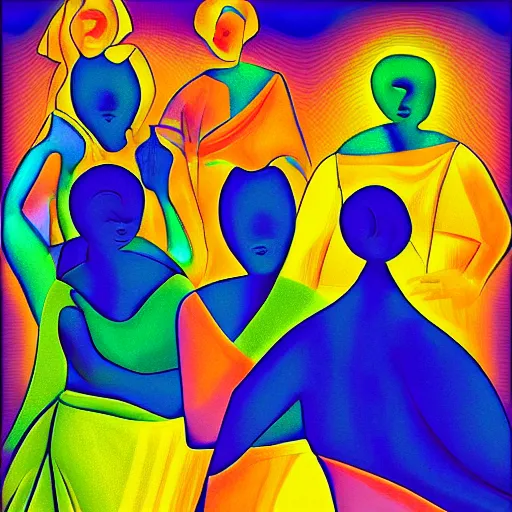 Image similar to the women gathered by the river to dance as the sun set , high quality digital art in the style of cubism and georgia o’ keefe,