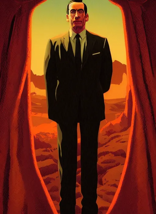 Prompt: Twin Peaks poster artwork by Michael Whelan and Tomer Hanuka, Rendering of evil Jon Hamm portrait, full of details, by Makoto Shinkai and thomas kinkade, Matte painting, trending on artstation and unreal engine