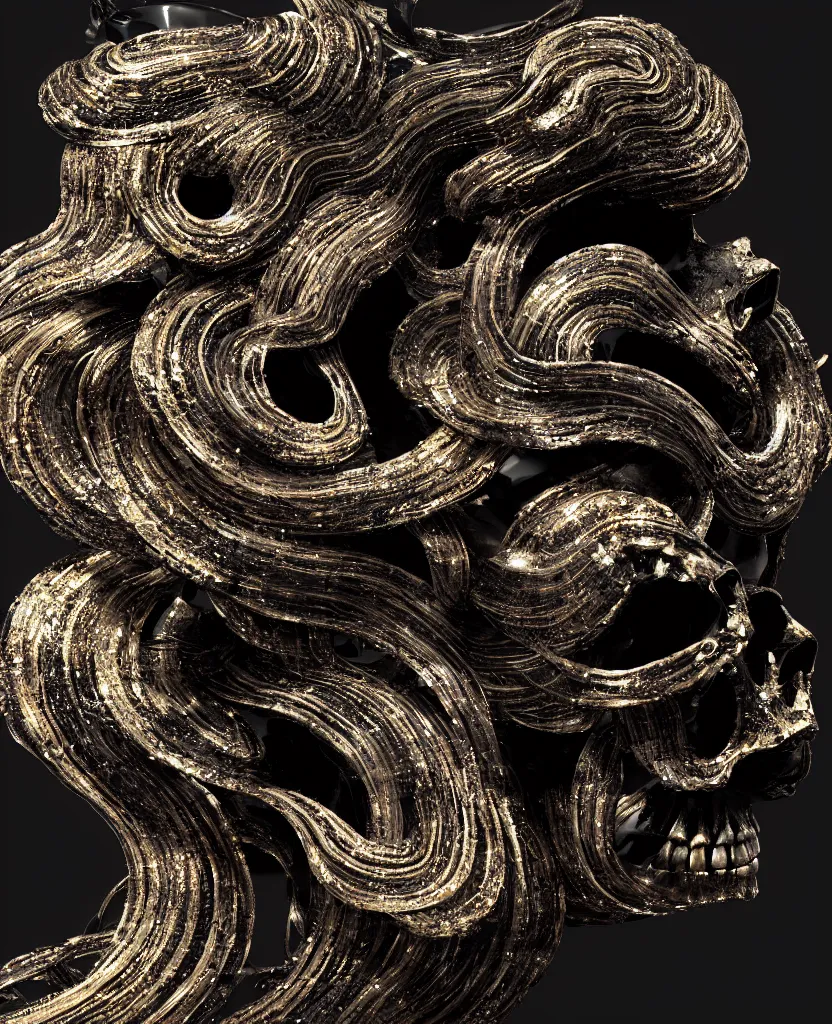 Image similar to fully black background. background hex 000000. goddess princess face close-up portrait ram skull. sculpture made of gold and black charcoal. jellyfish phoenix head, nautilus, orchid, skull, betta fish, bioluminiscent creatures, intricate artwork by Tooth Wu and wlop and beeple. octane render, trending on artstation, greg rutkowski very coherent symmetrical artwork. cinematic, hyper realism, high detail, octane render, 8k