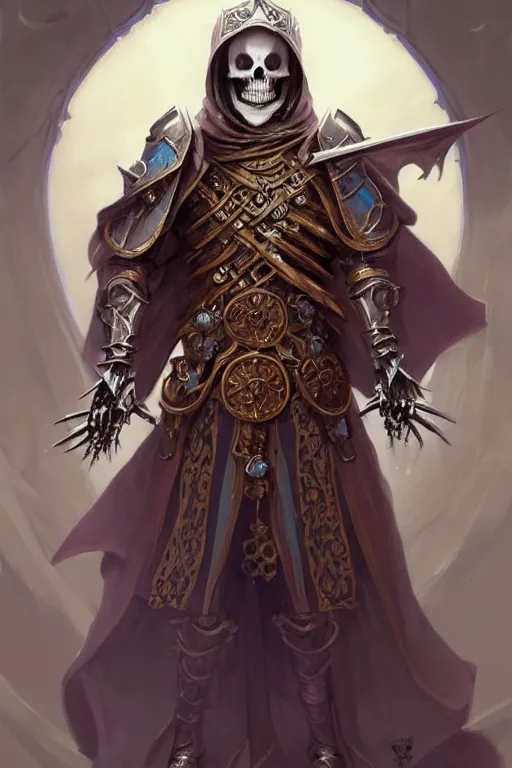 Image similar to archmage skeleton with a medival armour and antique silk robes inspired by peter mohrbacher, D&D, face, fantasy, intricate, elegant, highly detailed, digital painting, artstation, concept art, smooth, sharp focus, illustration, art by artgerm and greg rutkowski and alphonse mucha