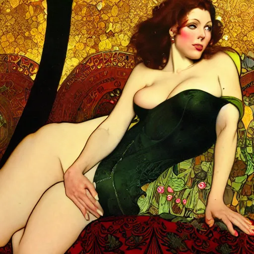 Image similar to Gianna Michaels photographed by Robert McGinnis and Julie Bell and Zeronis and alphonse mucha, background by James Jean and gustav klimt, 4k,