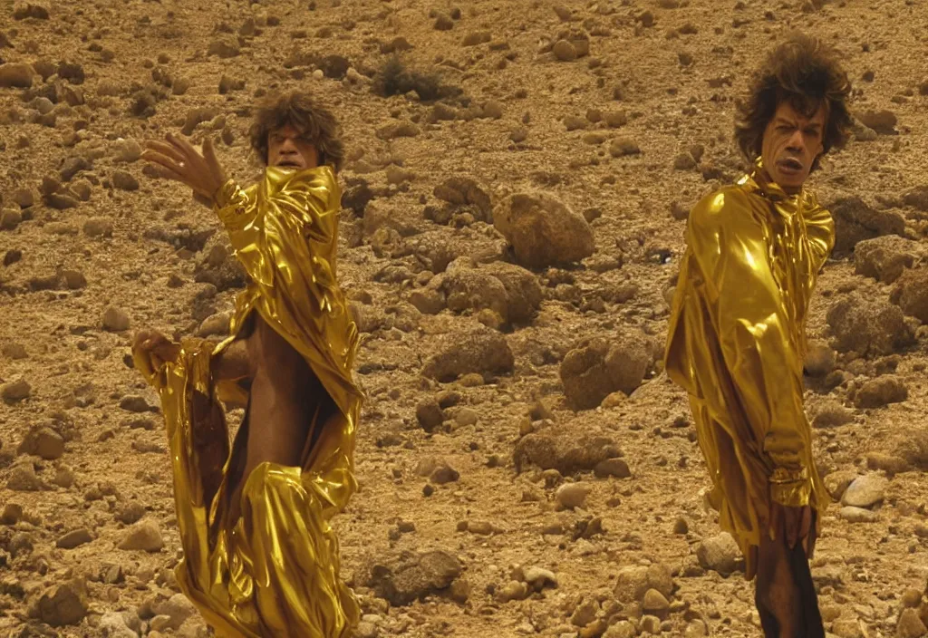 Image similar to mick jagger dressed in golden costume with jewels in a dry rocky desert landscape, with alien complex city beneath the sand and giant alien spaceship in the sky attacks the earth by christopher doyle and alejandro jodorowsky, anamorphic lens, kodakchrome, cinematic composition, masterpiece, 8 k