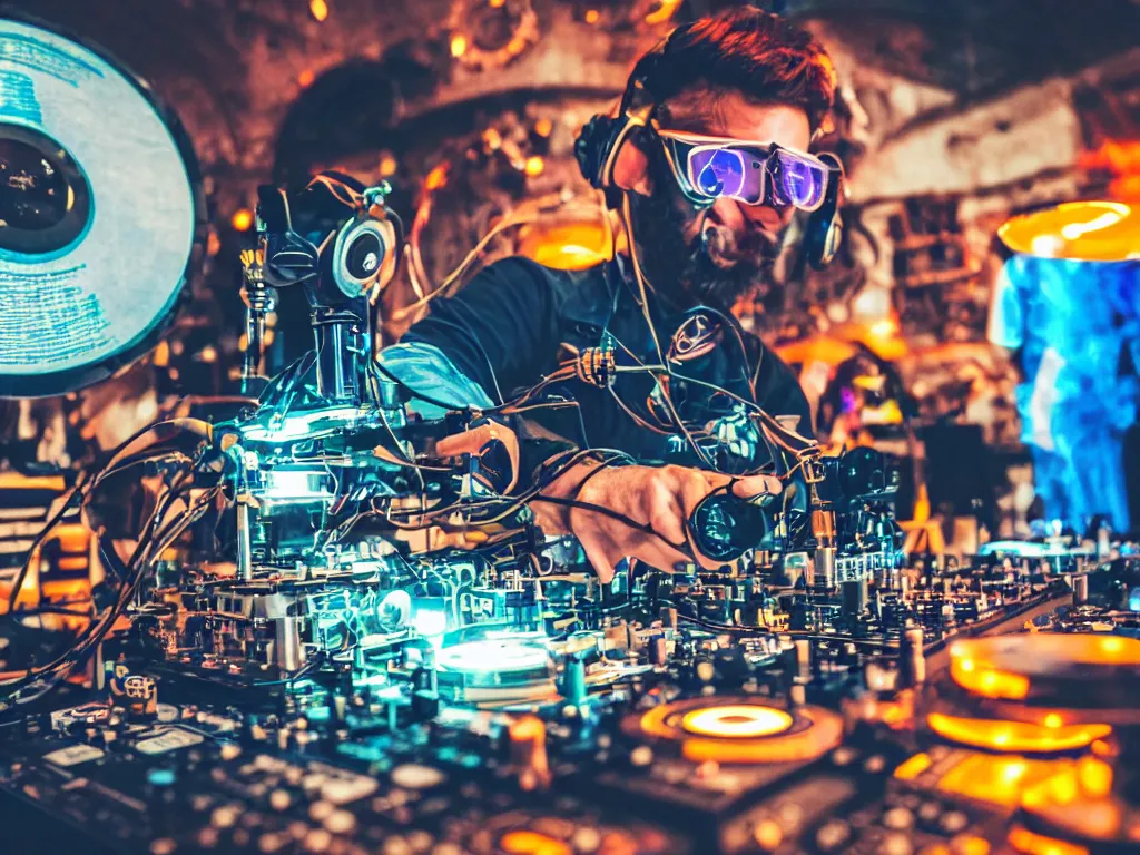 Image similar to a person wearing goggles and visor and headphones using a steampunk record player contraption, wires and tubes, turntablism dj scratching, intricate planetary gears, cinematic, imax, sharp focus, leds, bokeh, iridescent, black light, fog machine, hazy, lasers, hyper color digital art, cyberpunk