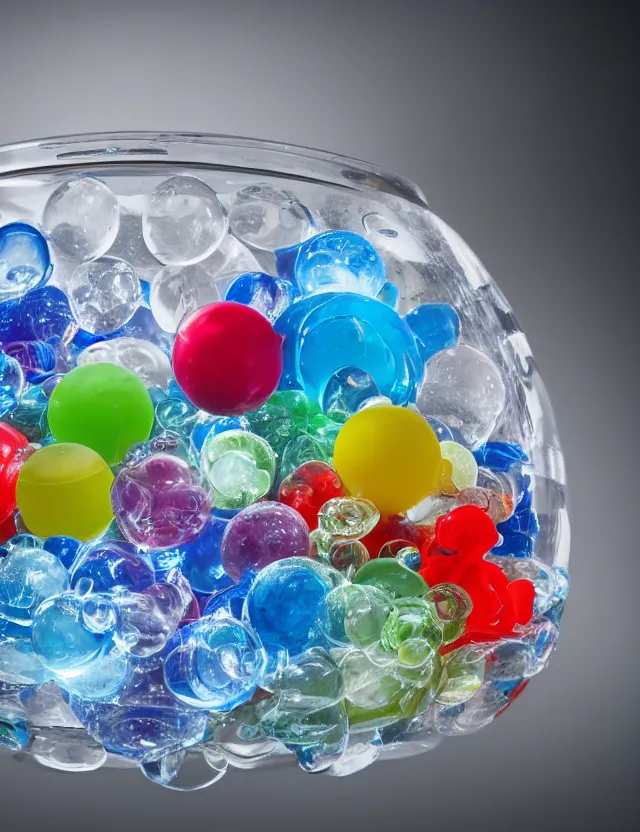 Image similar to a well - lit studio photograph of a clear bowl of water with various plastic toys floating in it, some smooth, some wrinkled, some long, some spherical, various sizes, textures, and transparencies, beautiful, smooth, detailed, inticate