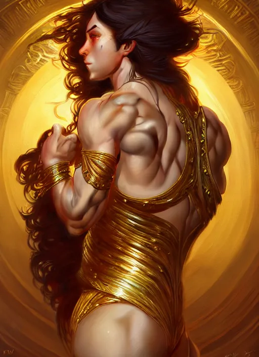 Image similar to muscular goddess dancer of the underworld, shiny, intricate, elegant, higly detailed, ultra definition, digital painting, artstation, vray, concept art, smooth, high speed photography, illustration, art by artgerm and greg rutkowski and alphonse mucha and james jean