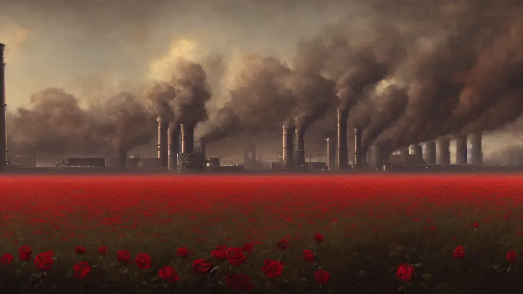 Prompt: super wide, big scene, a beautiful painting of a factory with smoking chimneys, red rose fields, dark style, little roses, very detailed, soft light effect, by thomas wrede and greg rutkowski and thomas heatherwick, 4 k hd, trending on artstation ， ultrawide viewn and highly detailed