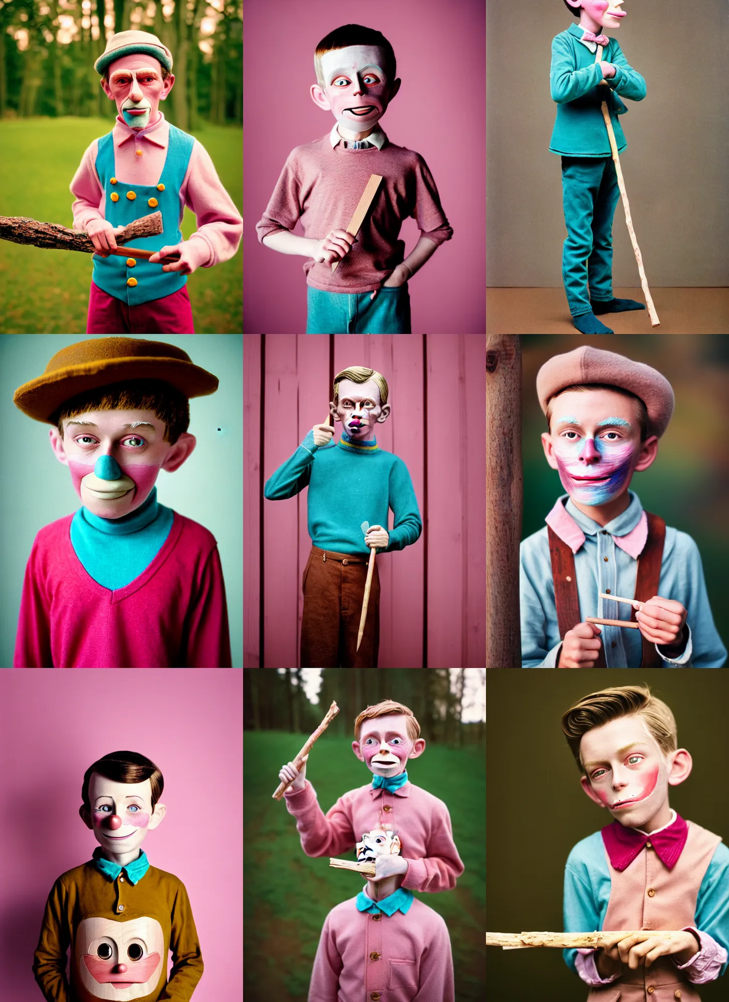 Prompt: kodak portra 4 0 0, 8 k, highly detailed, britt marling style, award winning muted colour portrait of a half handsome 8 year old boy, half wooden pinocchio, who carves a wooden stick, motion blur, pink, turquoise, up face with 1 9 2 0 s cloth style