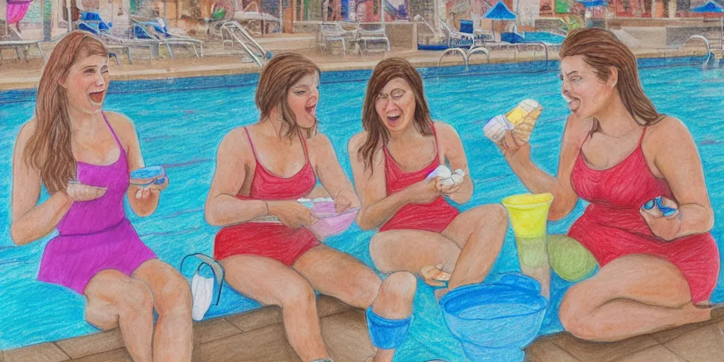 Image similar to colored pencil drawing of two women eating ice cream at the pool, one has two scoops of rainbow sherbet and the other has a huge waffle cone of vanilla